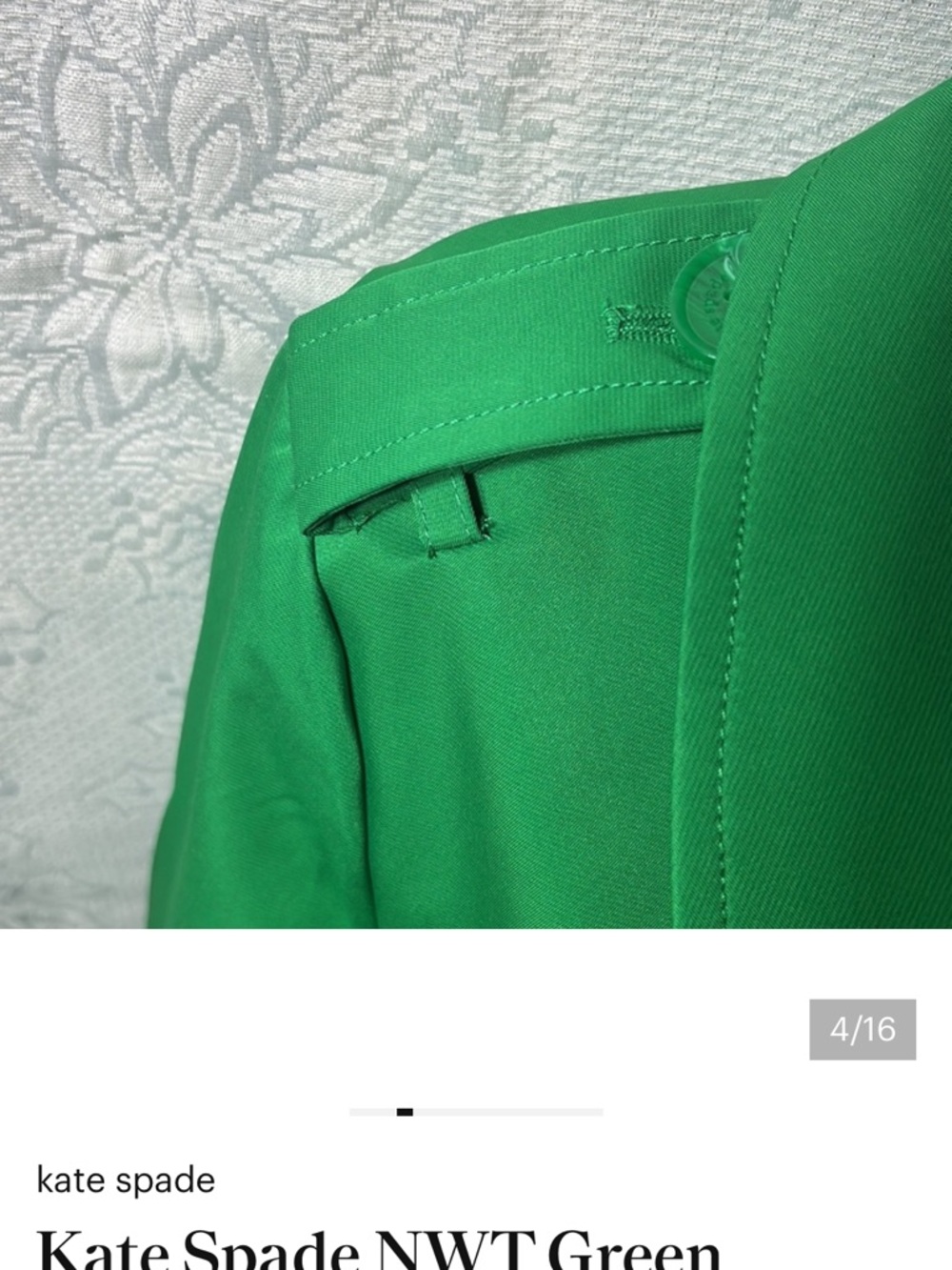 kate spade Bright Green Double-Breasted Trench Coat Pleated Back - Picture 8 of 12